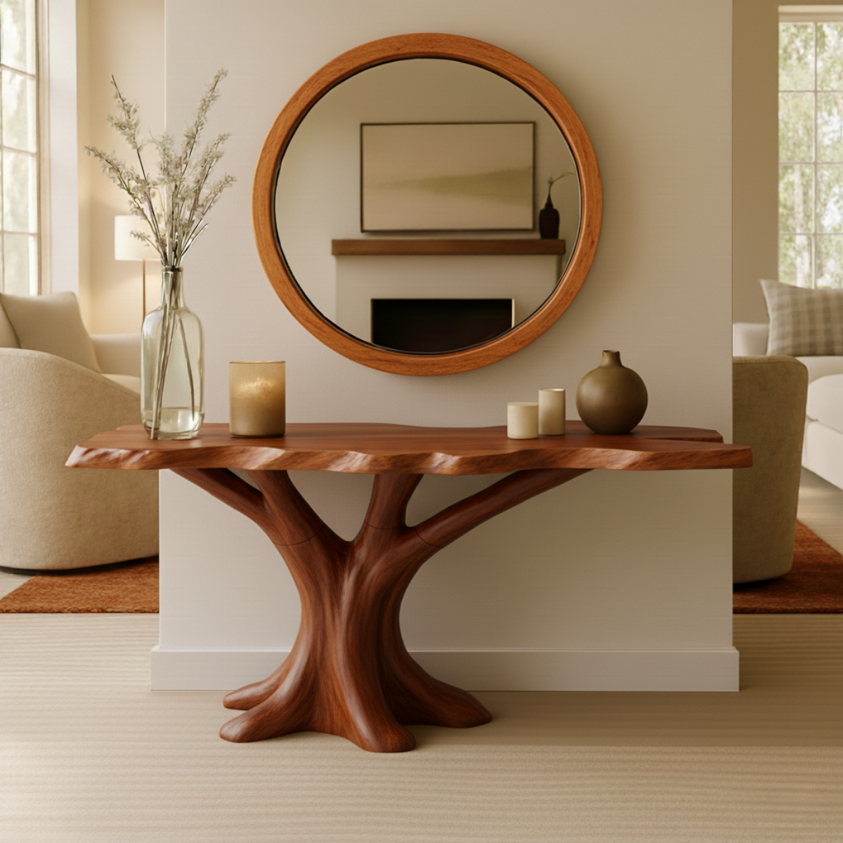 Organic Modern Solid Wood Console Table with Sculpted Tree-Trunk Base and Live-Edge Top