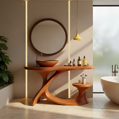 Organic Modern Solid Wood Bathroom Vanity with Sculpted Cross-Flow Base and Integrated Side Console