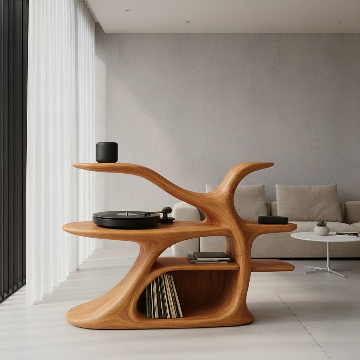 Organic Sculptural Turntable Console in Branch-Flow Solid Wood Design
