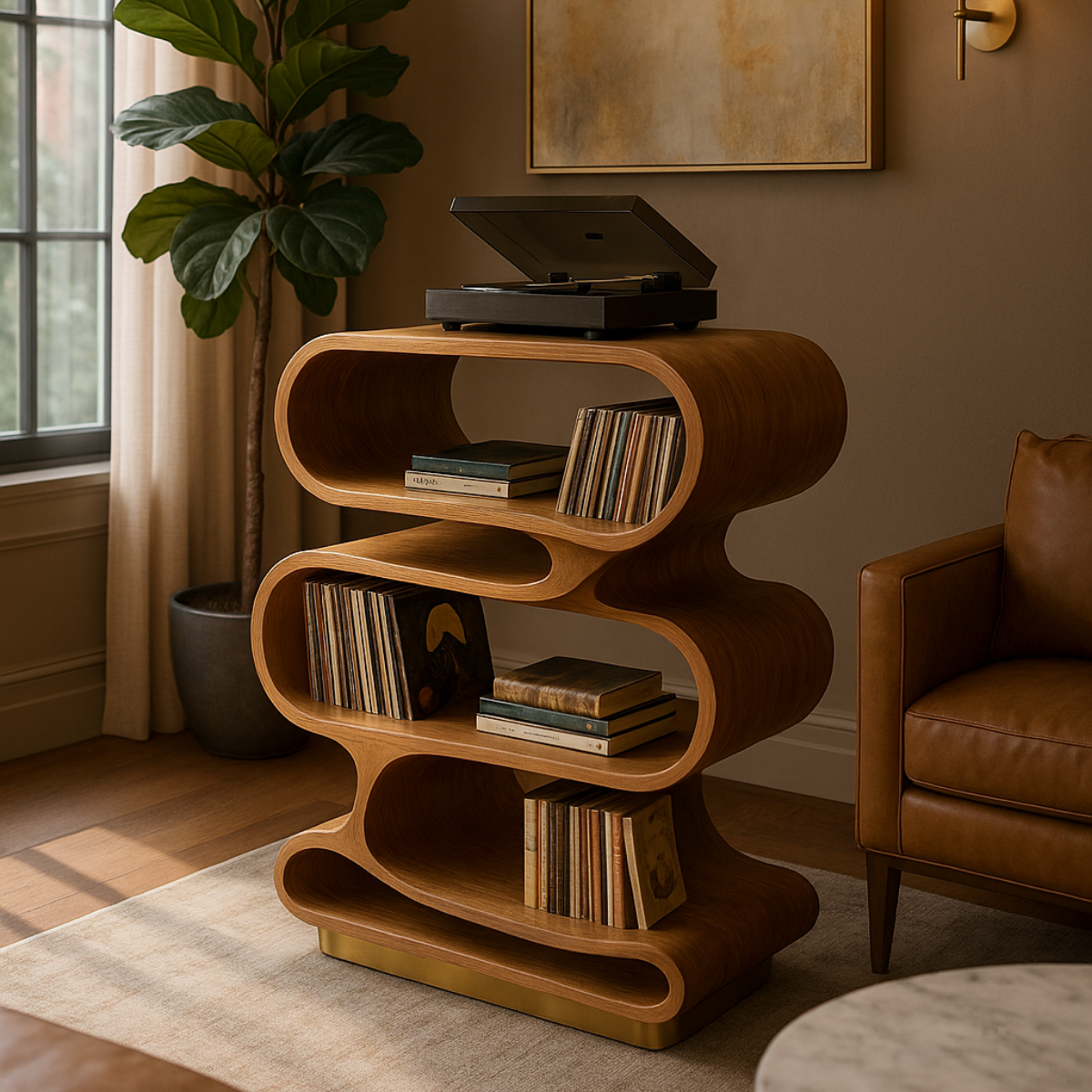 Organic Loop-Form Solid Wood Turntable Cabinet with Layered Vinyl Storage