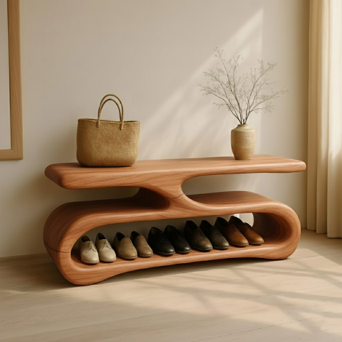 Organic Flow Shoe Bench in Solid Wood – Sculptural Entryway Storage