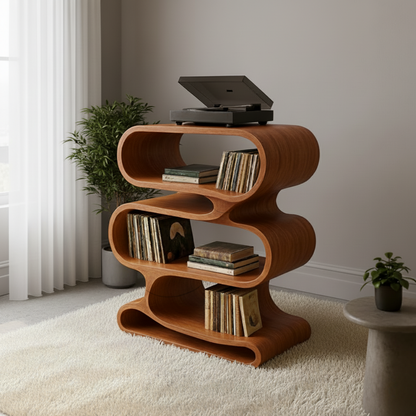Organic Loop-Form Solid Wood Turntable Cabinet with Layered Vinyl Storage