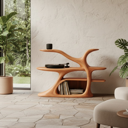 Organic Sculptural Turntable Console in Branch-Flow Solid Wood Design