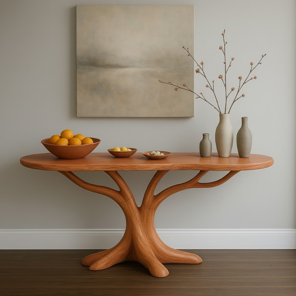 Hand-Carved Solid Wood Console Table in Branching Tree-Form Design
