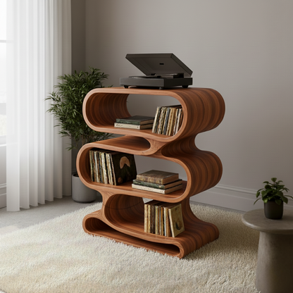 Organic Loop-Form Solid Wood Turntable Cabinet with Layered Vinyl Storage