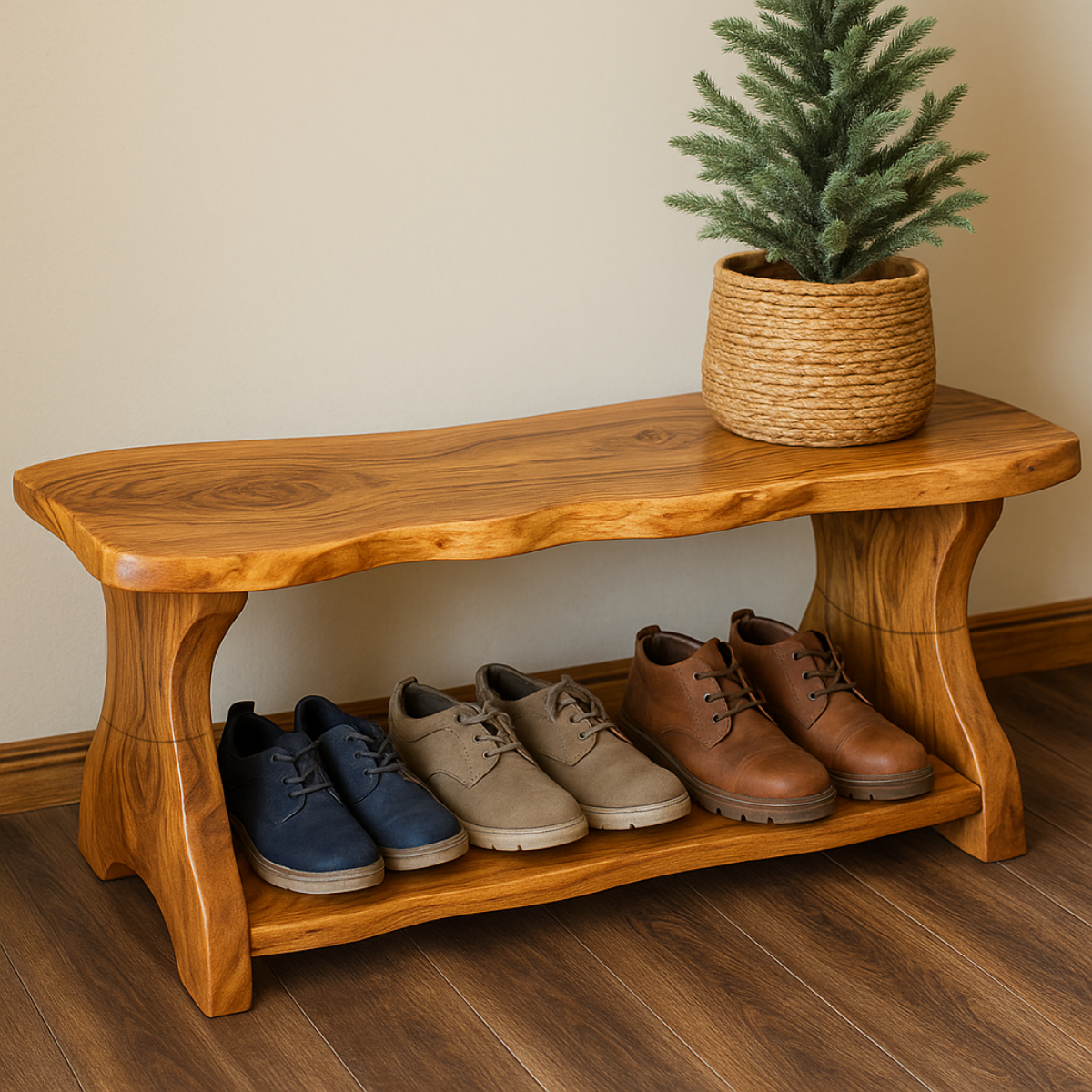 Live-Edge Solid Wood Shoe Bench – Organic Entryway Storage Seat
