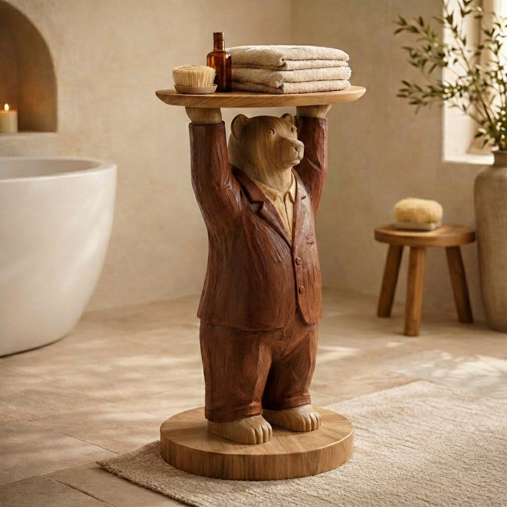 Hand-Carved Bear Butler Bathroom Side Table