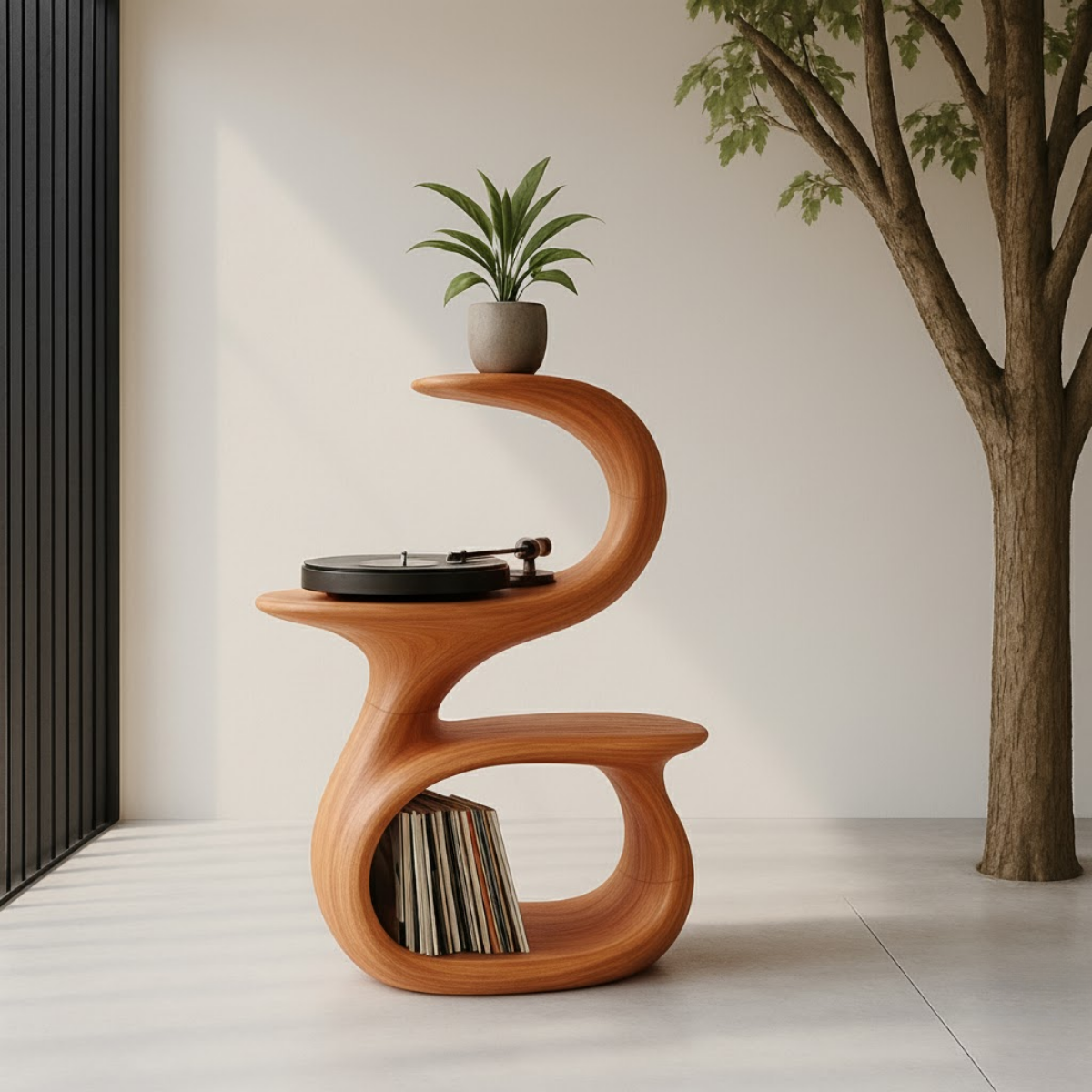S-Curve Sculpted Solid Wood Turntable Cabinet with Integrated Vinyl Storage
