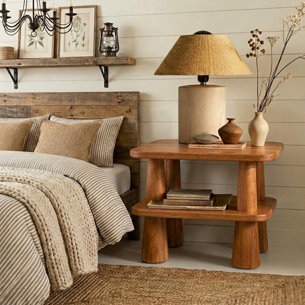Handcrafted Solid Wood Side Table - Luxurious Bedside Table With Sculpted Trapezoid Design