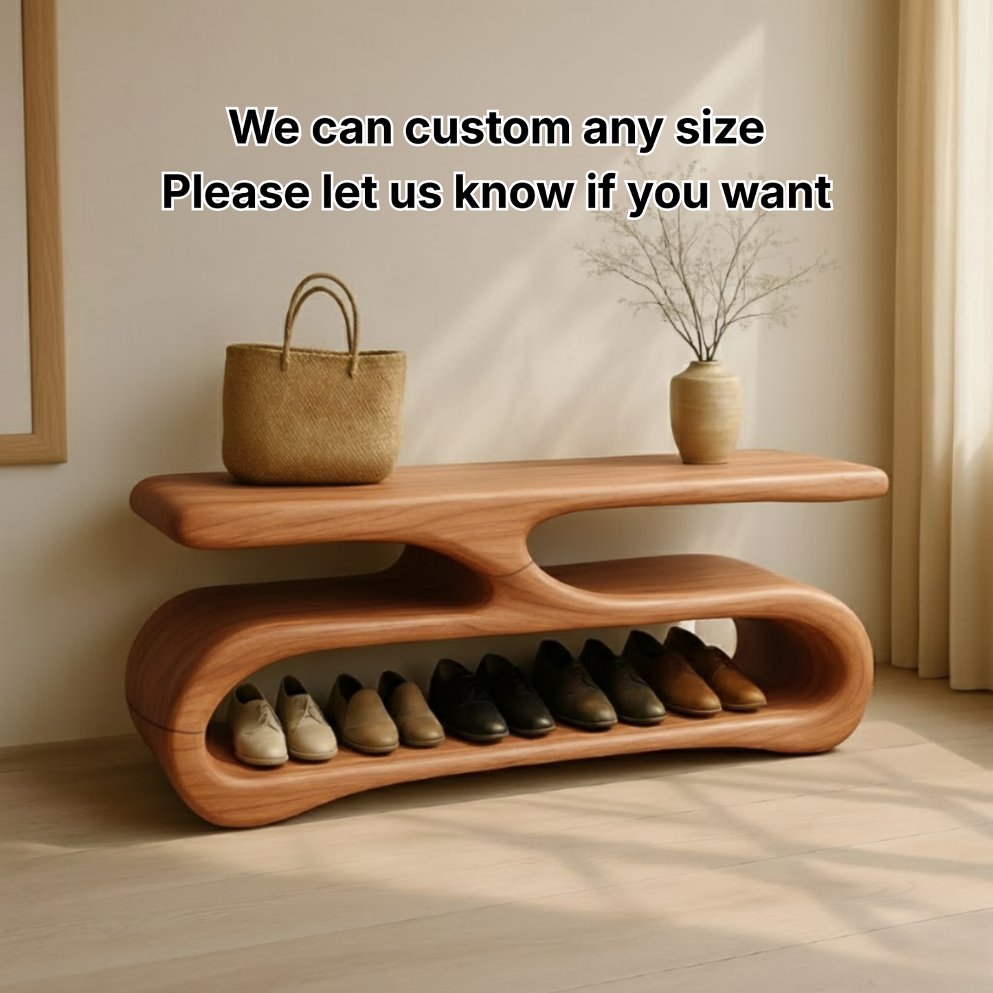Organic Flow Shoe Bench in Solid Wood – Sculptural Entryway Storage