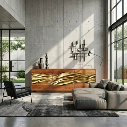 Architectural Sculptural Sideboard | Cabinet with Hand-Carved Gold-Plated Wave