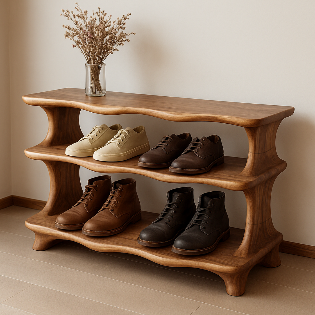 Handcrafted Flow-Form Shoe Shelf Featuring Rounded Fluid Contours