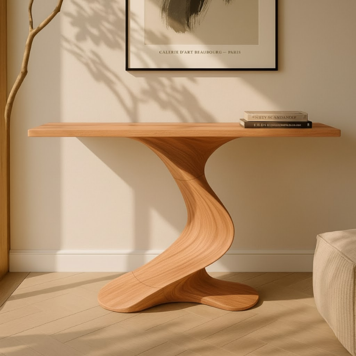 Organic Modern Solid Wood Console Table Featuring a Sculpted S-Curve Base