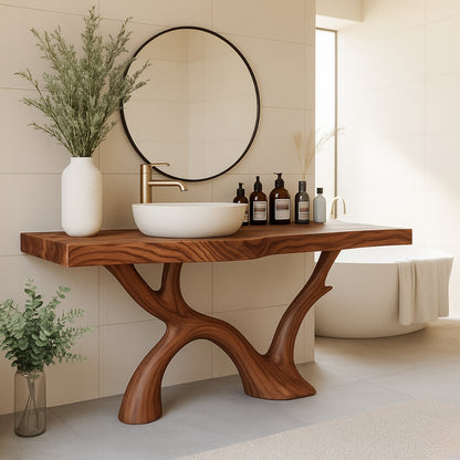 Organic Modern Solid Wood Bathroom Vanity with Sculpted Branch-Form Base