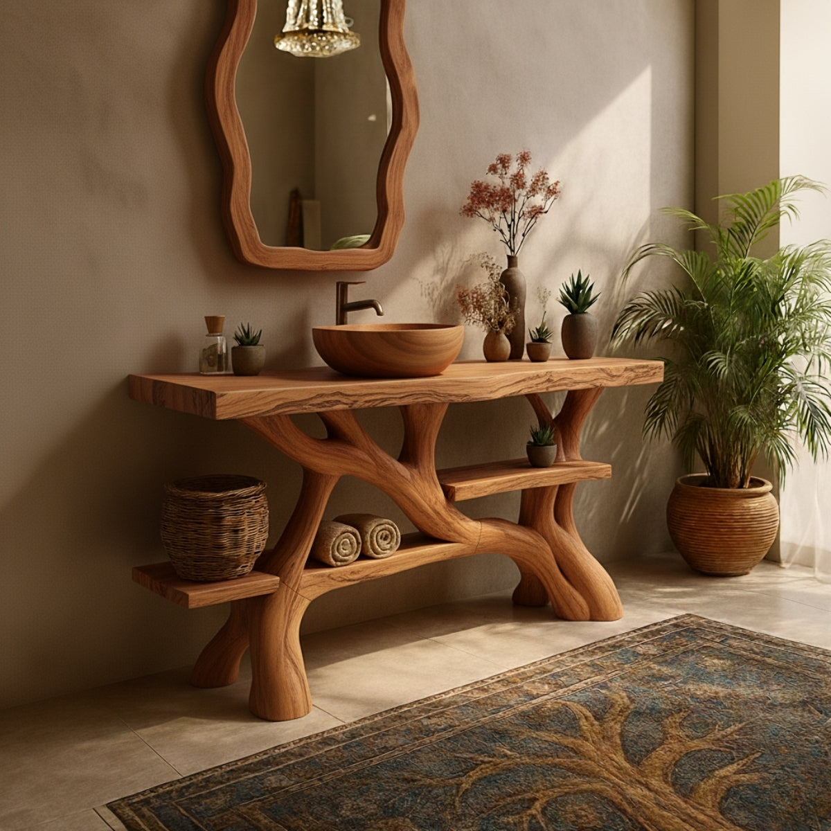 Organic Modern Solid Wood Bathroom Vanity with Hand-Sculpted Tree-Branch Base