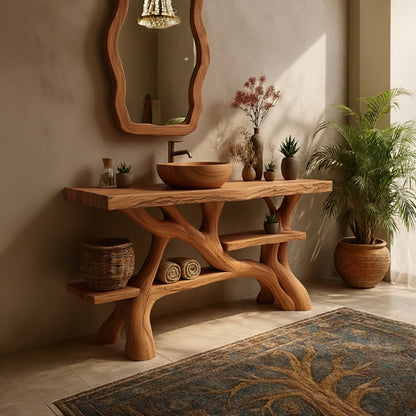 Organic Modern Solid Wood Bathroom Vanity with Hand-Sculpted Tree-Branch Base