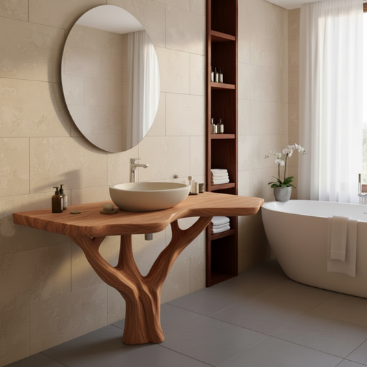 Organic Modern Solid Wood Bathroom Vanity with Live-Edge Top and Sculpted Tree-Trunk Base