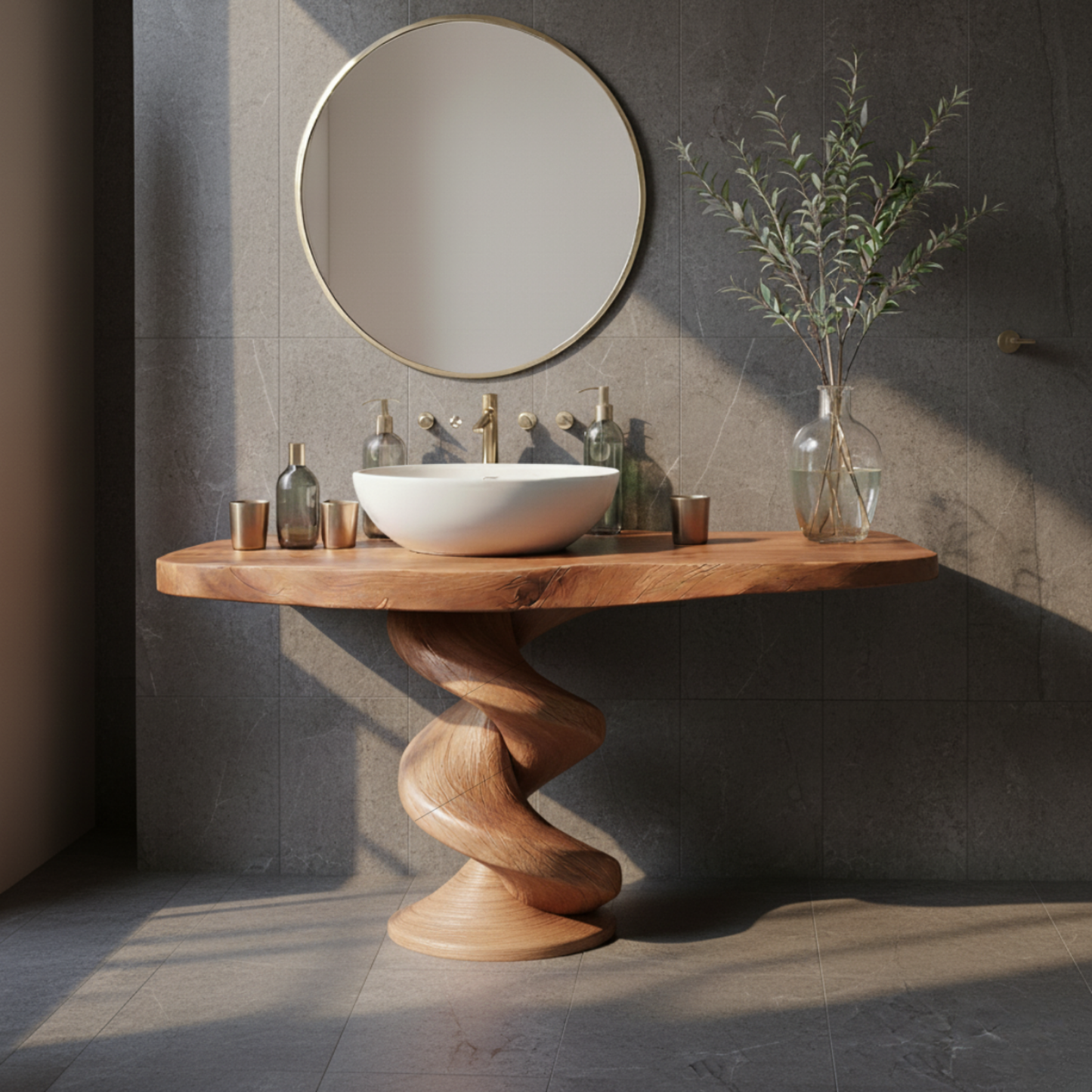 Organic Modern Spiral-Base Solid Wood Bathroom Vanity