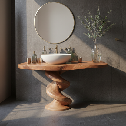 Organic Modern Spiral-Base Solid Wood Bathroom Vanity