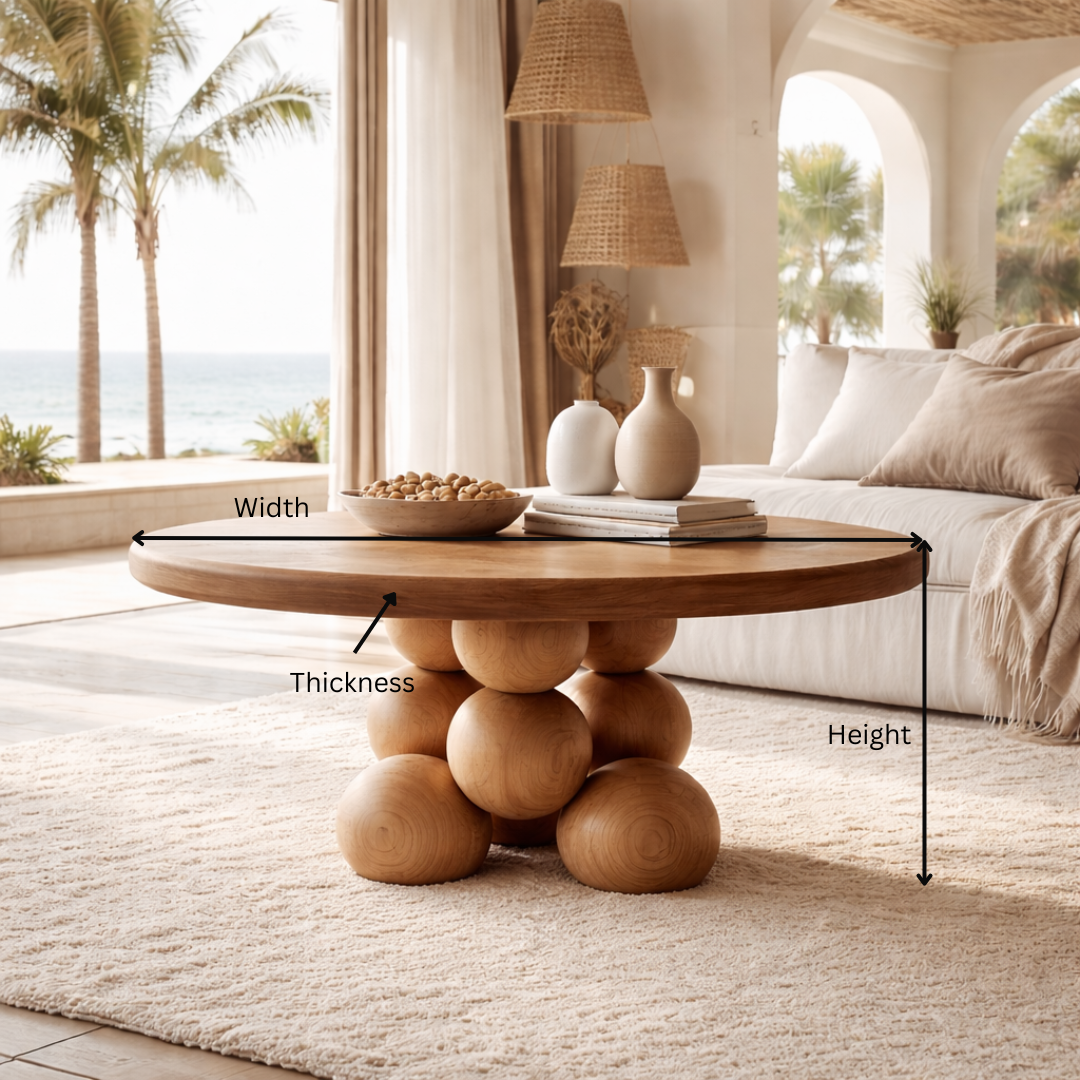 Nine Prosperity Sculptural Coffee Table – Solid Wood Sphere Base, Luxury Gallery Living Room Centerpiece