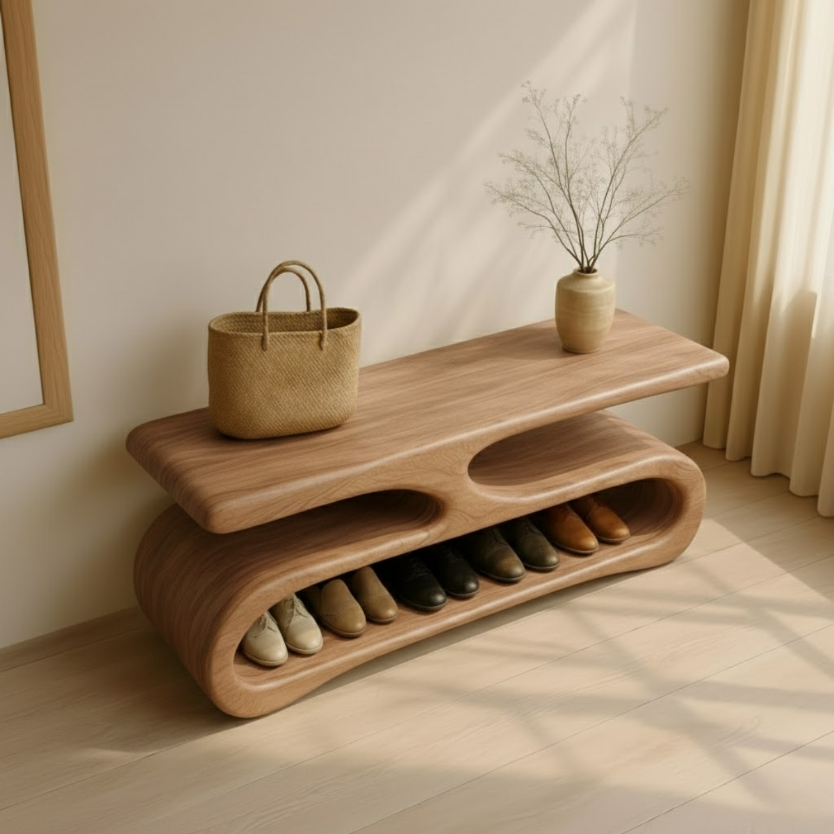 Organic Flow Shoe Bench in Solid Wood – Sculptural Entryway Storage