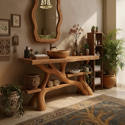 Organic Modern Solid Wood Bathroom Vanity with Hand-Sculpted Tree-Branch Base