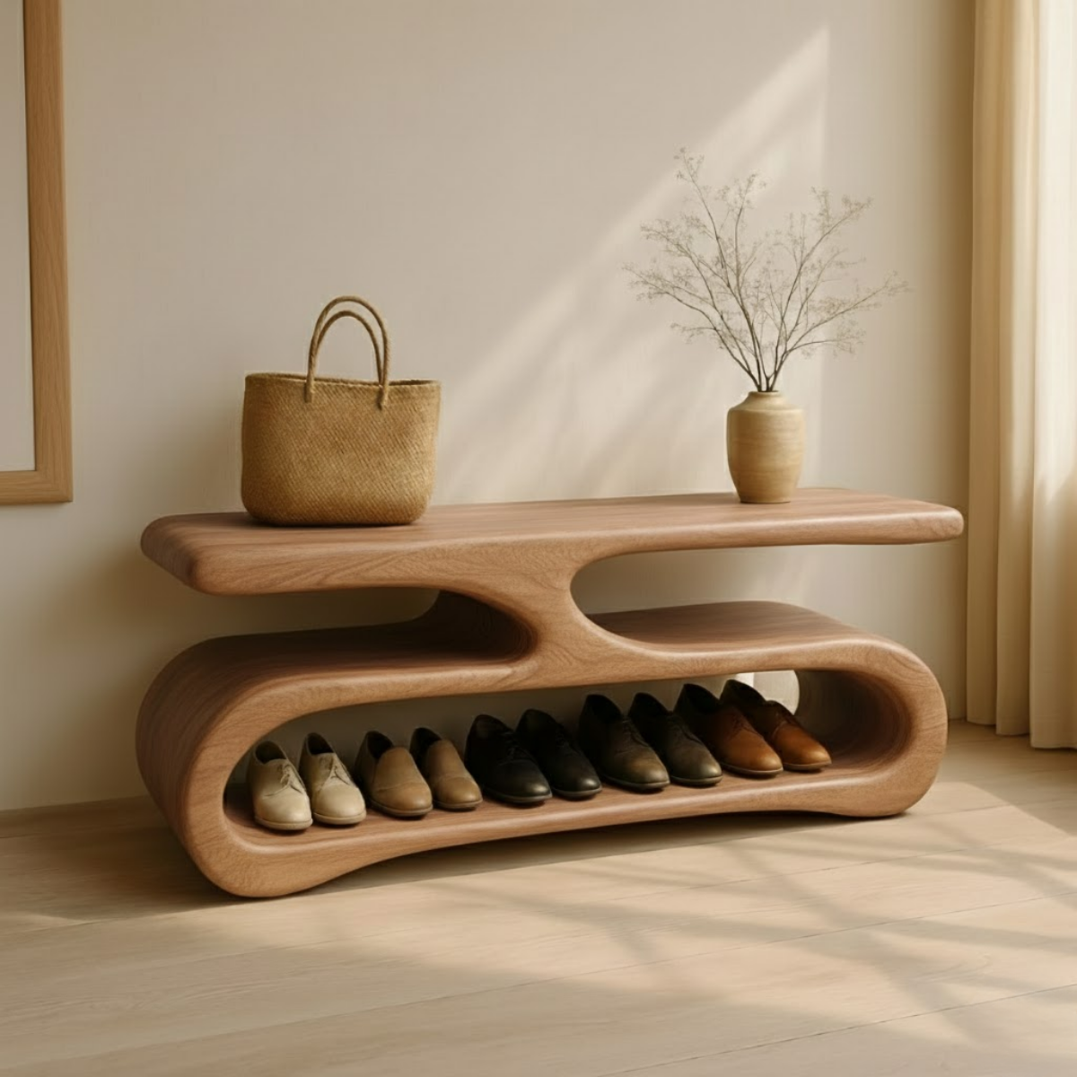 Organic Flow Shoe Bench in Solid Wood – Sculptural Entryway Storage