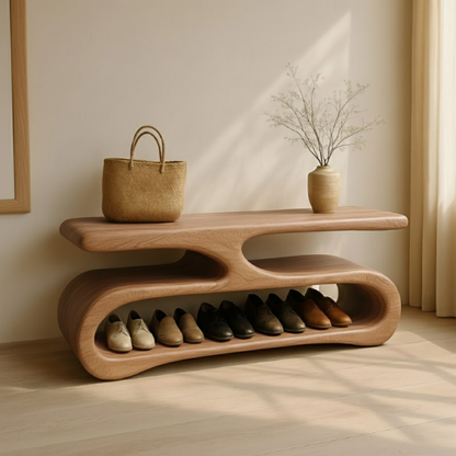 Organic Flow Shoe Bench in Solid Wood – Sculptural Entryway Storage