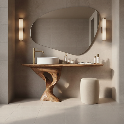 Organic Modern Solid Wood Bathroom Vanity with Sculpted Tree-Trunk Pedestal and Curved Live-Edge Top