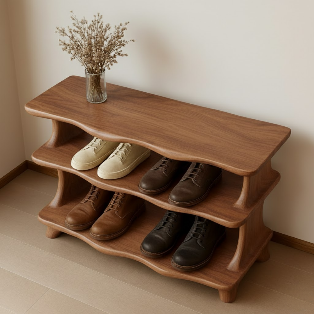 Handcrafted Flow-Form Shoe Shelf Featuring Rounded Fluid Contours