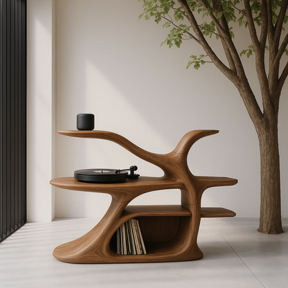 Organic Sculptural Turntable Console in Branch-Flow Solid Wood Design