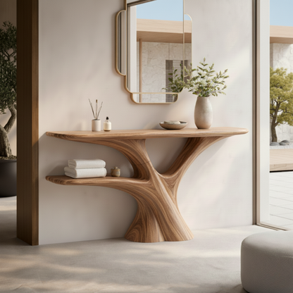Handmade Live Edge Wood Console Table – Rustic Sculpture Table with Tree Base