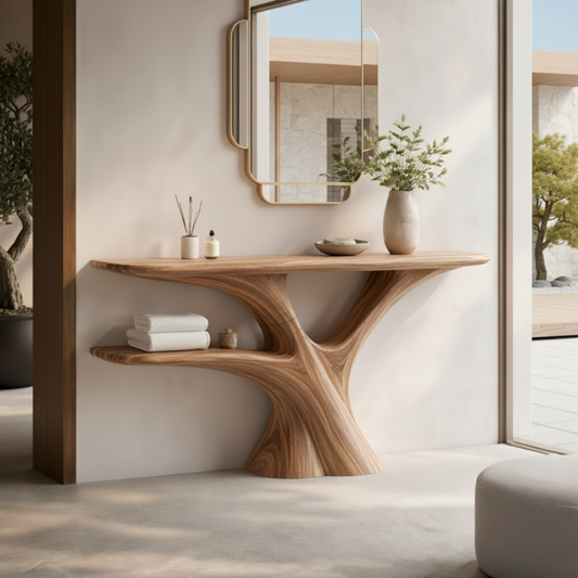 Handmade Live Edge Wood Console Table – Rustic Sculpture Table with Tree Base