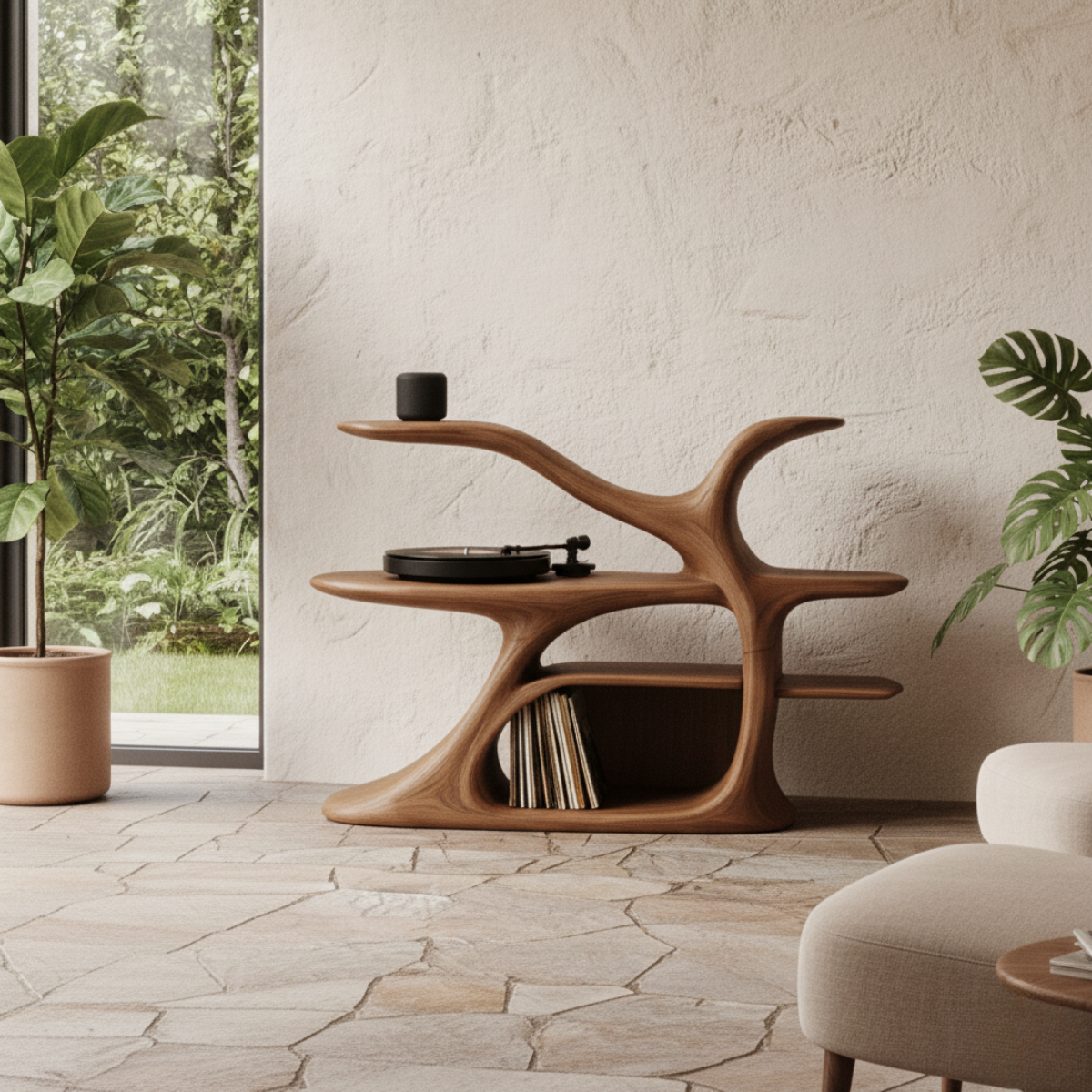Organic Sculptural Turntable Console in Branch-Flow Solid Wood Design