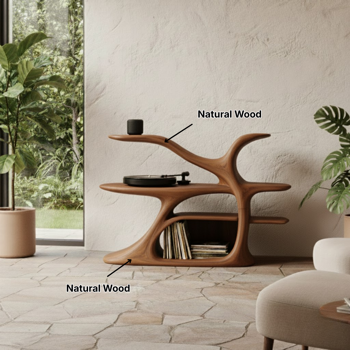 Organic Sculptural Turntable Console in Branch-Flow Solid Wood Design