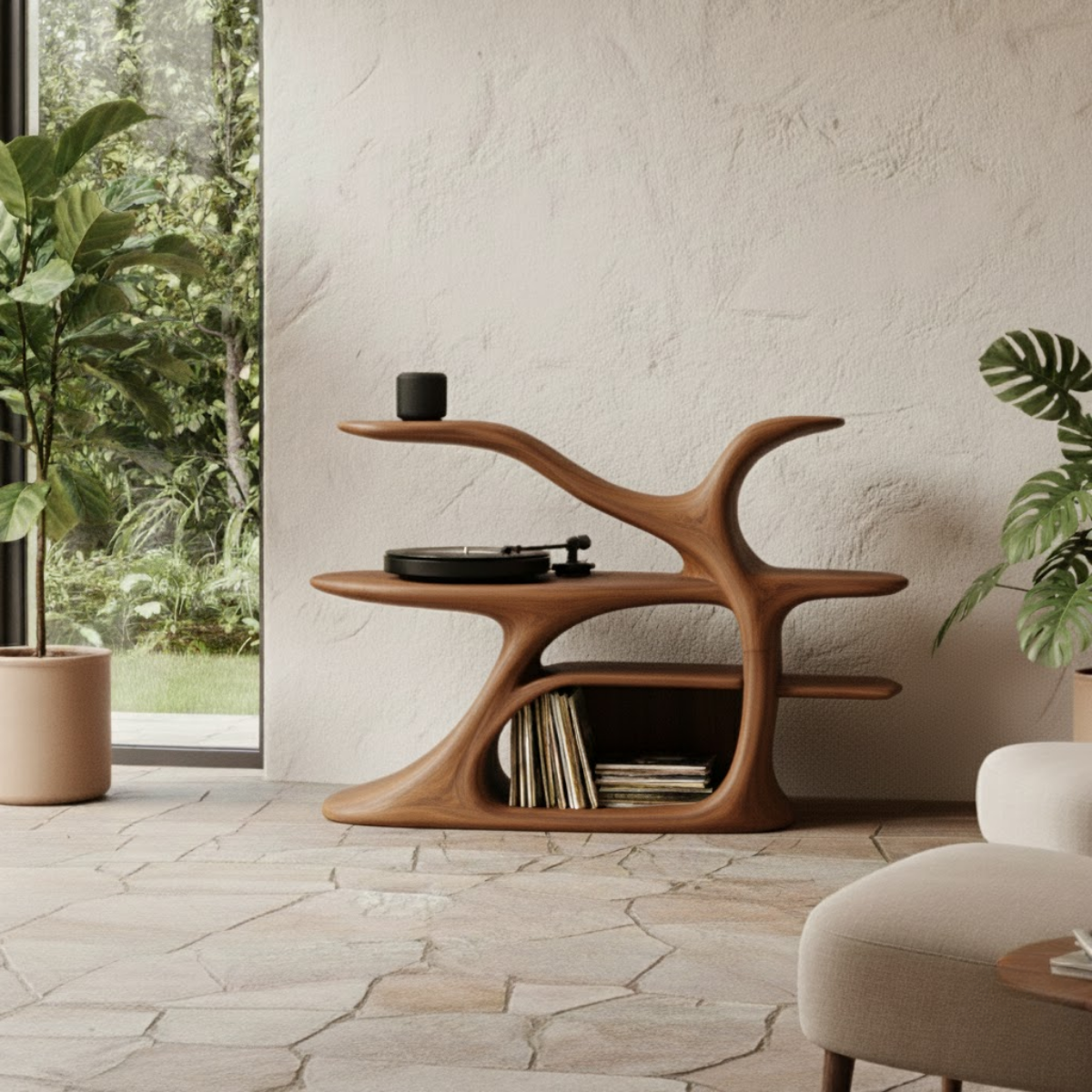 Organic Sculptural Turntable Console in Branch-Flow Solid Wood Design