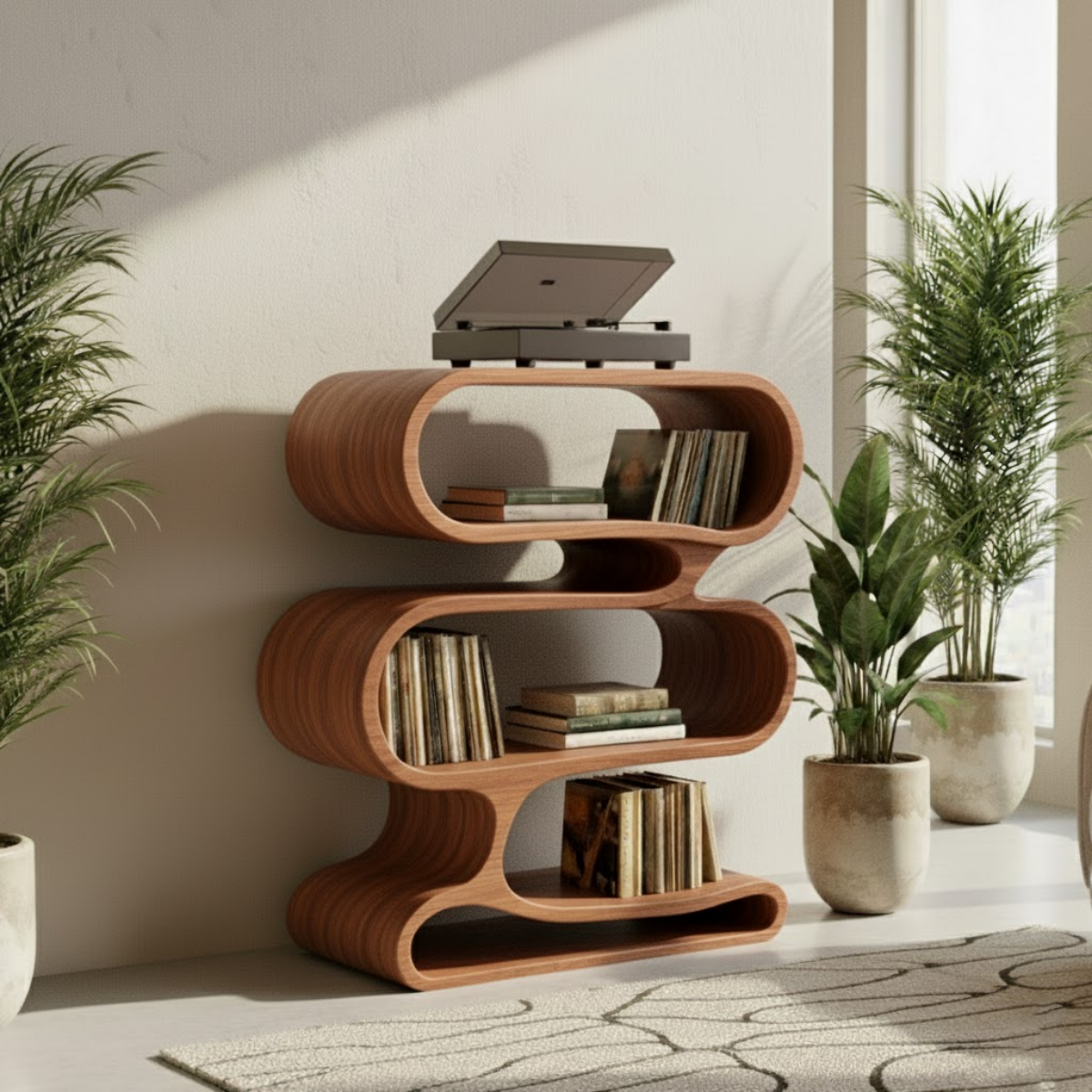 Organic Loop-Form Solid Wood Turntable Cabinet with Layered Vinyl Storage