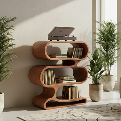Organic Loop-Form Solid Wood Turntable Cabinet with Layered Vinyl Storage
