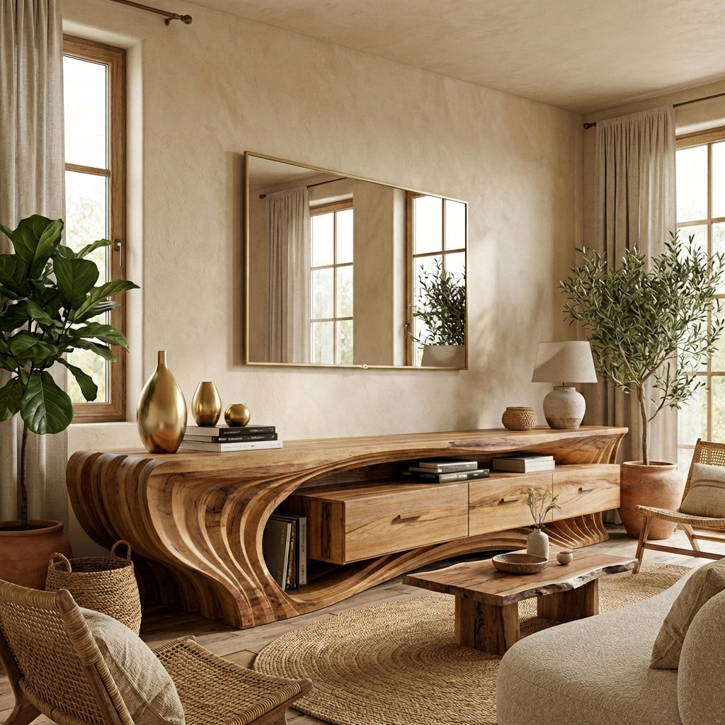 Sculptural Wave Solid Wood TV Console – A Statement of Architectural Luxury