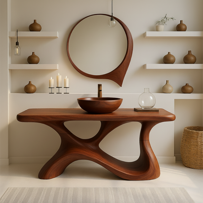 Organic Modern Solid Wood Bathroom Vanity with Sculpted Fluid-Form Base