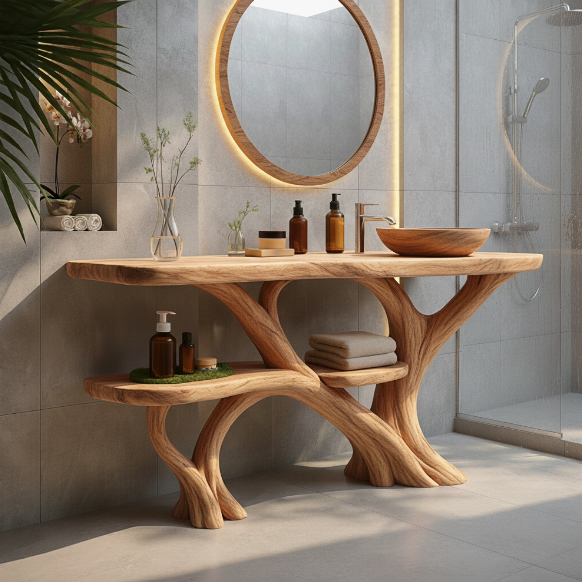 Organic Modern Solid Wood Bathroom Vanity with Sculpted Multi-Branch Base and Integrated Storage Shelves
