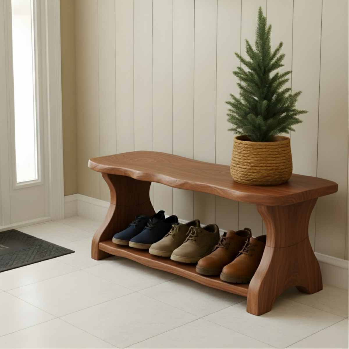 Live-Edge Solid Wood Shoe Bench – Organic Entryway Storage Seat