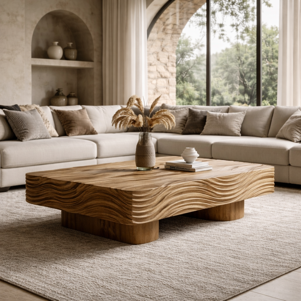 Sculptural Wave Solid Wood Coffee Table – Architectural Elegance in Natural Form