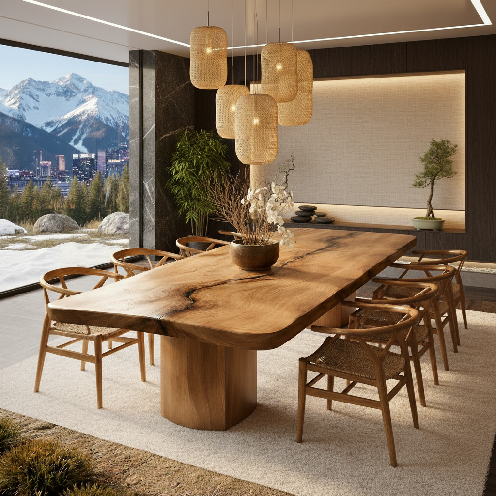 Live Edge Solid Wood Dining Table – Sculptural Japandi Table for Luxury Homes