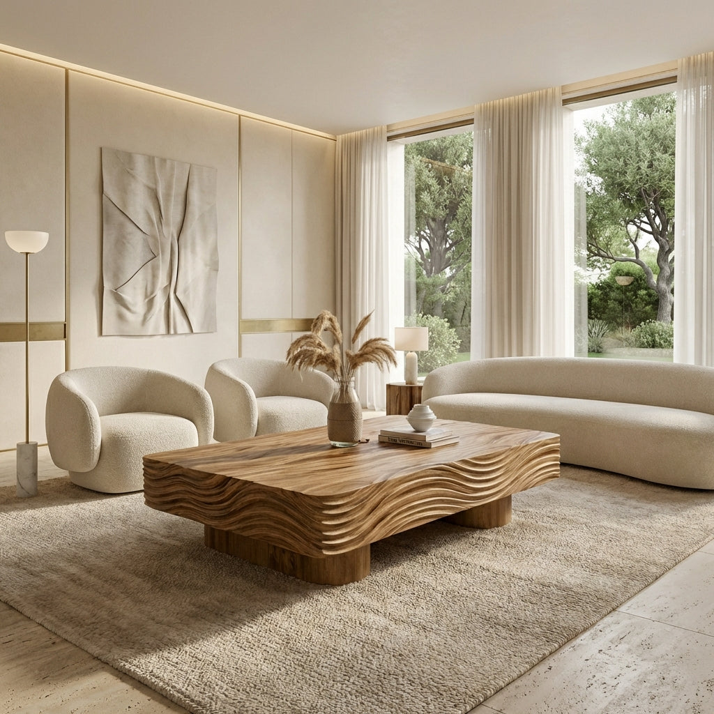 Sculptural Wave Solid Wood Coffee Table – Architectural Elegance in Natural Form
