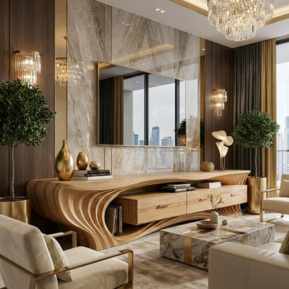 Sculptural Wave Solid Wood TV Console – A Statement of Architectural Luxury