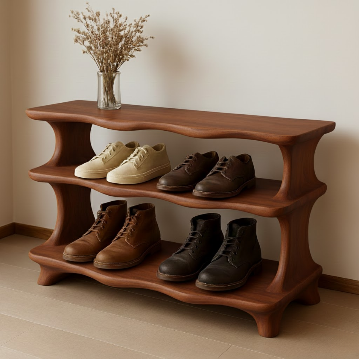 Handcrafted Flow-Form Shoe Shelf Featuring Rounded Fluid Contours