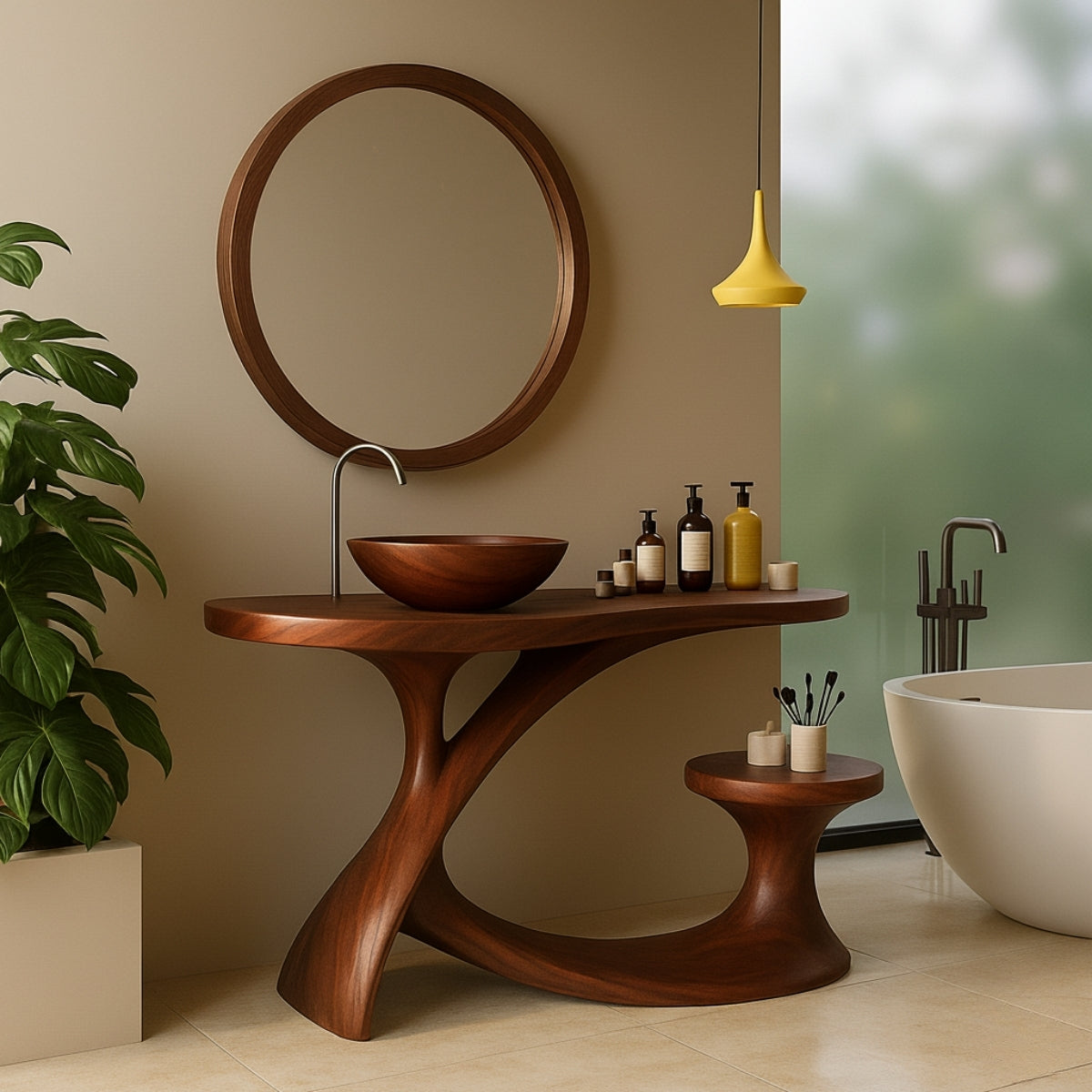 Organic Modern Solid Wood Bathroom Vanity with Sculpted Cross-Flow Base and Integrated Side Console
