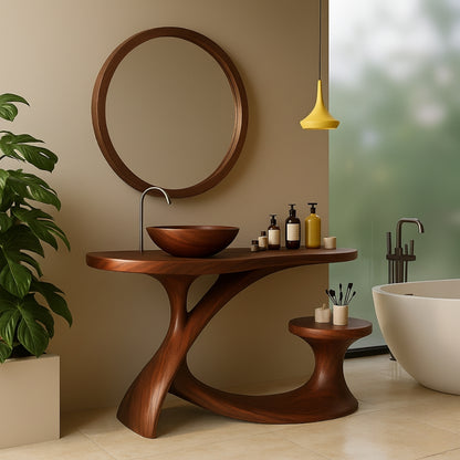 Organic Modern Solid Wood Bathroom Vanity with Sculpted Cross-Flow Base and Integrated Side Console