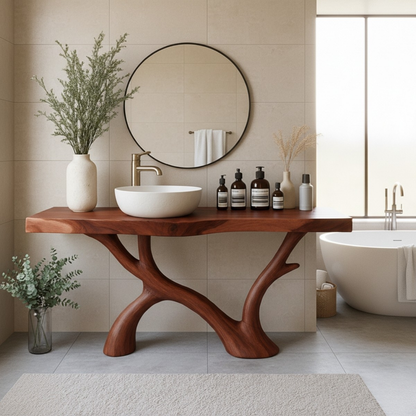 Organic Modern Solid Wood Bathroom Vanity with Sculpted Branch-Form Base